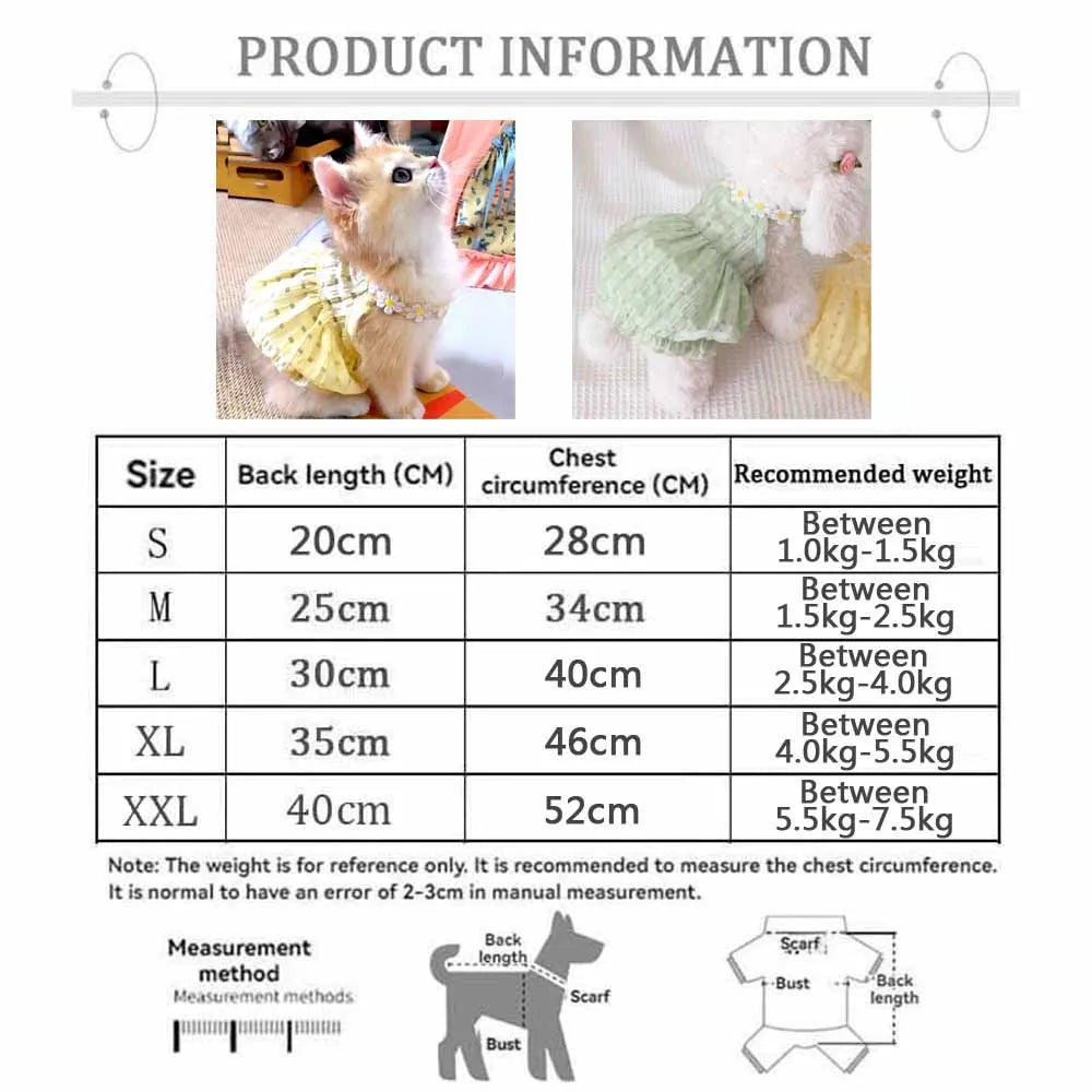 Chart shows pet dress sizes with a cat in the KittyNook Cat Co. Adorable Cat Summer Dress Cute, dog, guide & weights.
