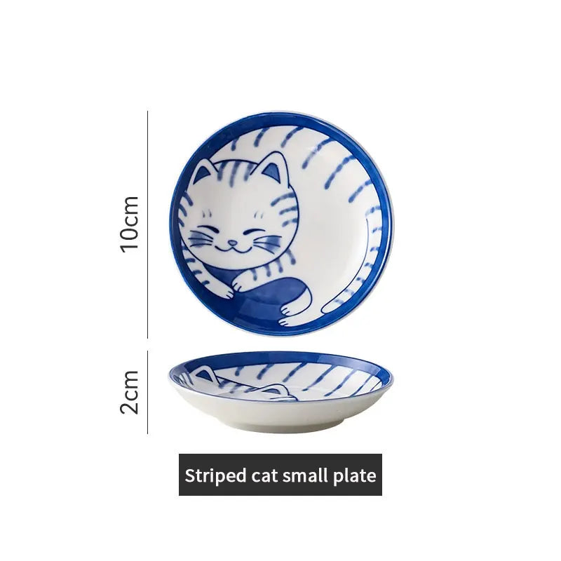 KittyNook Cat Co. Japanese Lucky Cat Ceramic Sauce Dish: blue stripes, cute cat design, 10cm x 2cm.