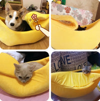Thumbnail for A dog and three cats relax separately in KittyNook Cat Co.'s Cute Funny Banana Shape Cat Beds in different rooms.