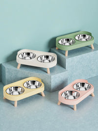 Thumbnail for Four Dopamine DuoLift Colorful Cat Feeders by KittyNook Cat Co. in white, green, yellow & pink stand on blue platforms.
