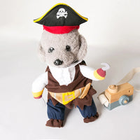 Thumbnail for A small dog wears the KittyNook Cat Co. Funny Pirate Cat Halloween Costume with hat, hook hand, and toy camera.