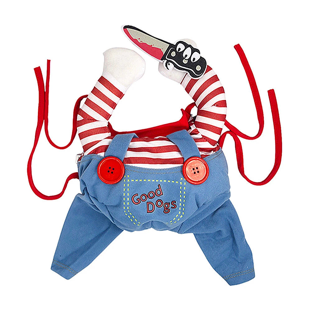 KittyNook Cat Co. Halloween Cosplay Kitten Jumpsuit: blue overalls, striped legs & red buttons for cats and dogs.