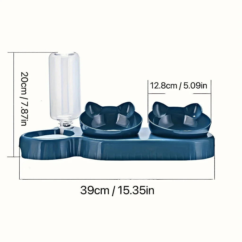 KittyNook Cat Co. Cute 3 In 1 Cats Bowls With Water Feeder features cat-ear bowls and dual cm/inch dimensions.