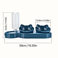 Thumbnail for KittyNook Cat Co. Cute 3 In 1 Cats Bowls With Water Feeder features cat-ear bowls and dual cm/inch dimensions.
