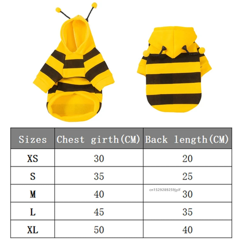 KittyNook Cat Co. Cute Bee Costume Cats hoodie with size chart for chest girth and back length in cm.