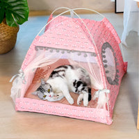 Thumbnail for A cat relaxes in the Serene Petal Semi-Enclosed Indoor Cat Tent by KittyNook Cat Co. on a wooden floor.