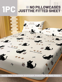 Thumbnail for KittyNook Cat Co. Cozy Cat Design Fitted Sheet with black cat & brown paw prints; pillowcases not included.