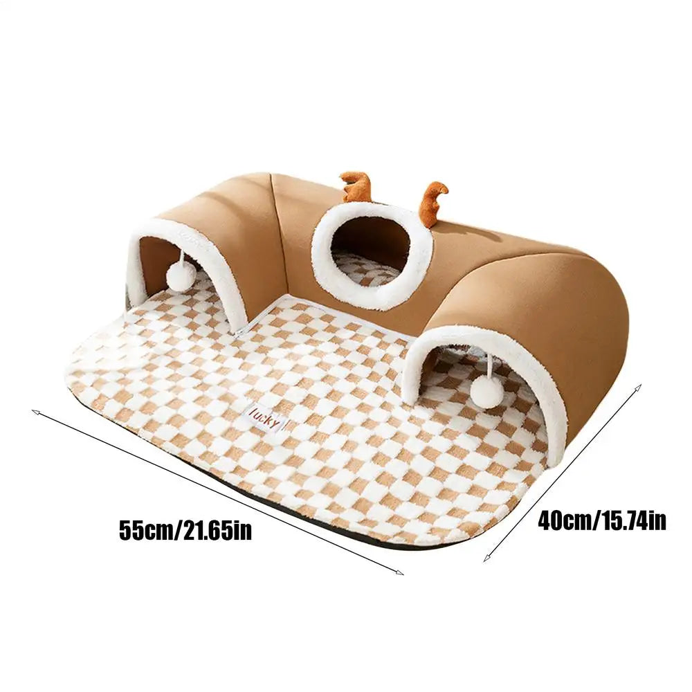 KittyNook Cat Co. Winter Warm Plush Tunnel Cat Bed, 55x40cm, with tunnels, plush fabric & hanging toys for cats.