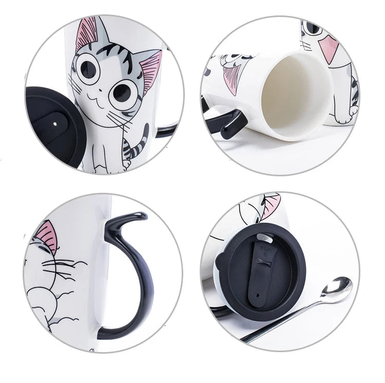 KittyNook Cat Co. Large 600ml Funny Kitty Gift Mug—cartoon cat, black handle, lid, and metal spoon included.