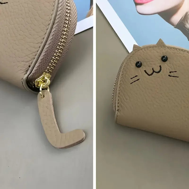 KittyNook Cat Co. Cute Multi-Card Cat Purse: beige, cartoon design with ears, tail zipper, and PU leather.