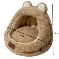 Thumbnail for KittyNook Cat Co. Ultra Soft Cat Nest: brown bear-shaped bed, 36cm deep, 30cm tall, plush with ear details.