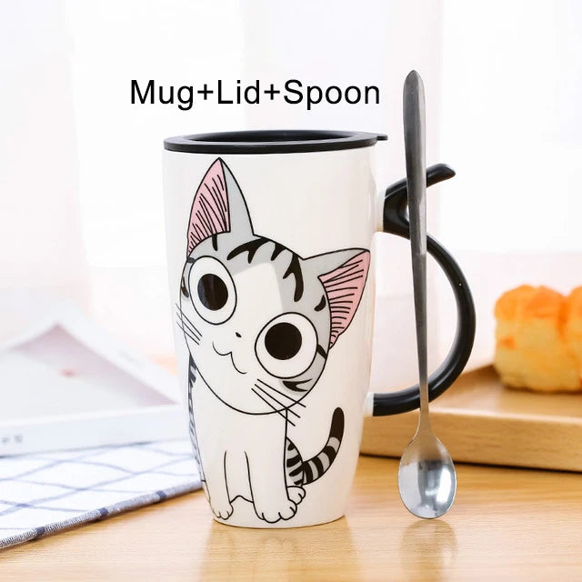 KittyNook Cat Co. Large 600ml Funny Kitty Gift Mug—cute cartoon cat, black lid, and spoon; perfect cat lover gift.