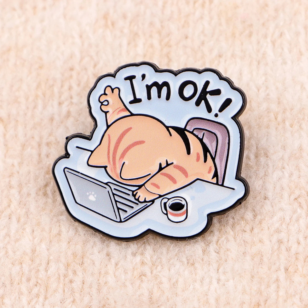 Cat at Work Enamel Brooch Pin by KittyNook Cat Co.—a cute, coffee-loving cat for your office accessories!.