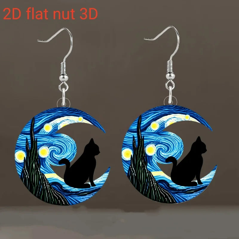 KittyNook Cat Co. Van Gogh Starry Night Black Cat Acrylic Earrings with crescent moon accents.