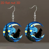 Thumbnail for KittyNook Cat Co. Van Gogh Starry Night Black Cat Acrylic Earrings with crescent moon accents.