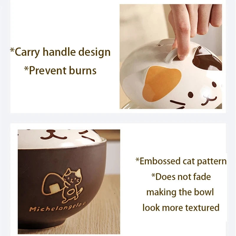 KittyNook Cat Co.'s Cute Cartoon Cat Soup Bowl has a carry handle lid, embossed pattern, and insulation for safety.