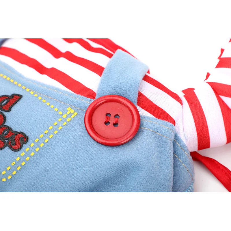 Close-up of a red button on blue fabric from the KittyNook Cat Co. Halloween Cosplay Costumes Kitten Jumpsuits.