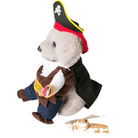 Thumbnail for The KittyNook Cat Co. Funny Pirate Cat Halloween Costume, with hat and cape, sits by a small rolled treasure map.
