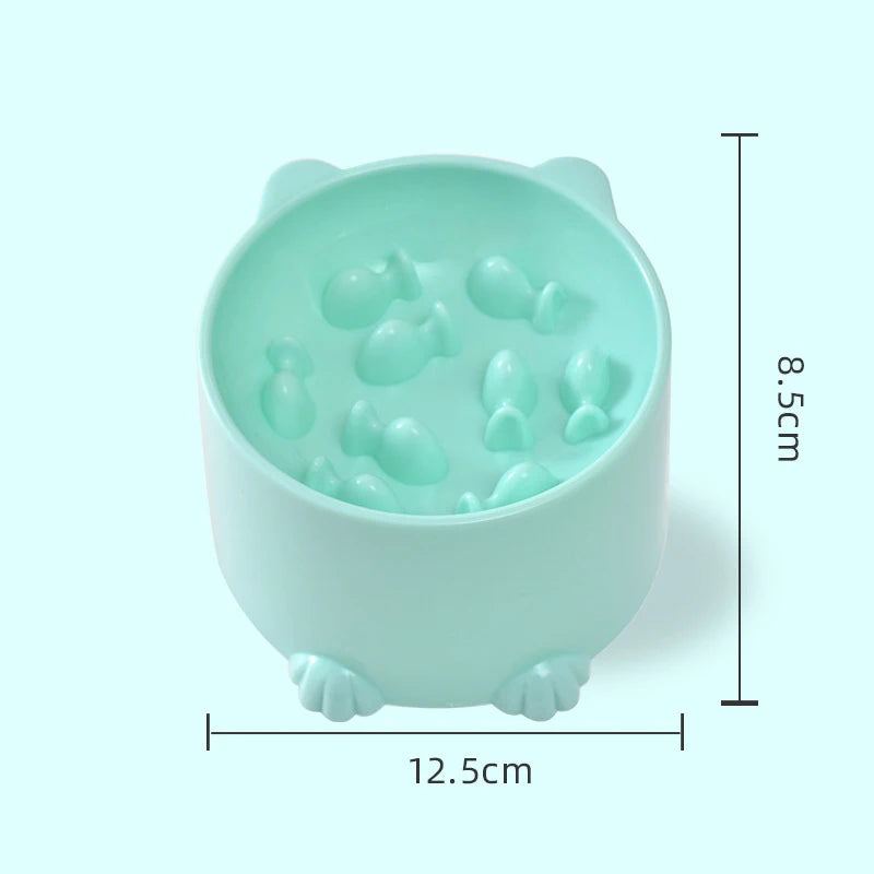 KittyNook Cat Co. Elevated Anti-Choke Slow Feeder Bowl, light blue with bear ears, 12.5x8.5cm, fish-shaped bumps.