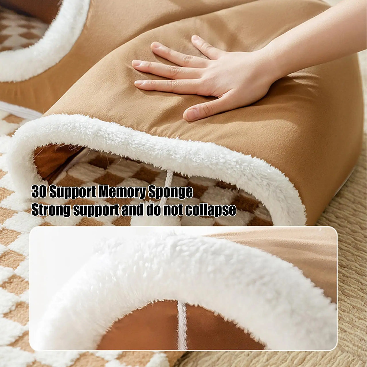 A hand presses on the KittyNook Cat Co. Winter Warm Plush Tunnel Cat Bed, showing firm support and memory sponge.