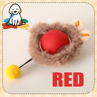 Thumbnail for KittyNook Cat Co.'s red Smart Rolling Cat Ball features brown fur, bunny ears, a yellow pom-pom, and a cartoon dog.