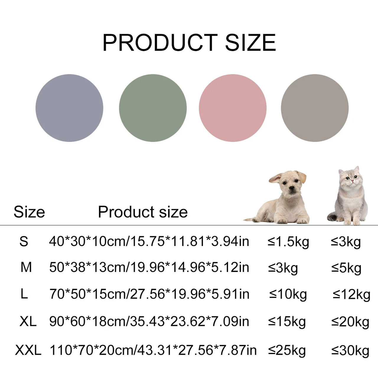 KittyNook Cat Co. Comfy Cat Sofa Bed size chart—5 sizes, with weight and cm/inch dimensions.