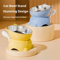 Thumbnail for Yellow and blue Elevated Cat Food Bowl with Cute Ear Stand sets featuring stainless steel inserts on circular stands.