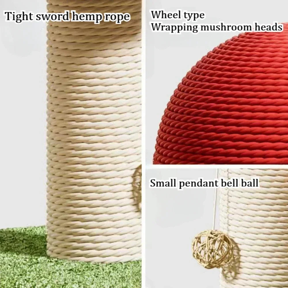 Close-up of the KittyNook Cat Co. Decorative Cat Climbing Post with hemp rope, red mushroom top, and bell ball.