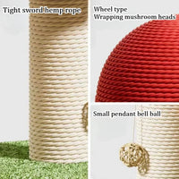 Thumbnail for Close-up of the KittyNook Cat Co. Decorative Cat Climbing Post with hemp rope, red mushroom top, and bell ball.