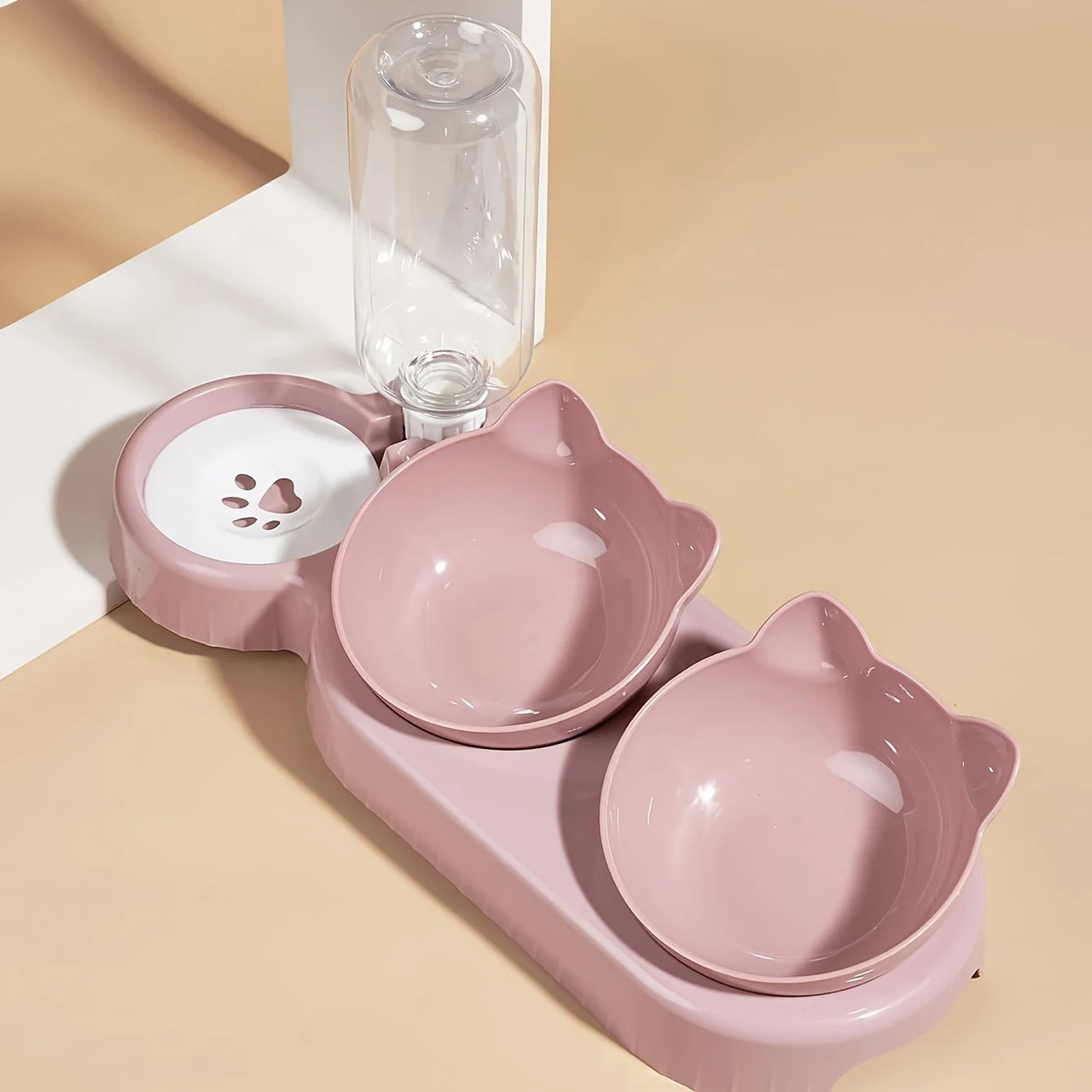 KittyNook Cat Co. Cute 3 In 1 Cats Bowls with water feeder—ideal cat feeding station with paw print design, pink.