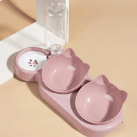 Thumbnail for KittyNook Cat Co. Cute 3 In 1 Cats Bowls with water feeder—ideal cat feeding station with paw print design, pink.