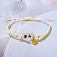 Thumbnail for KittyNook Cat Co. Lucky Charm Bracelet for Good Fortune: yellow braid, cat face charm, pink beads, gold accents, pendant.