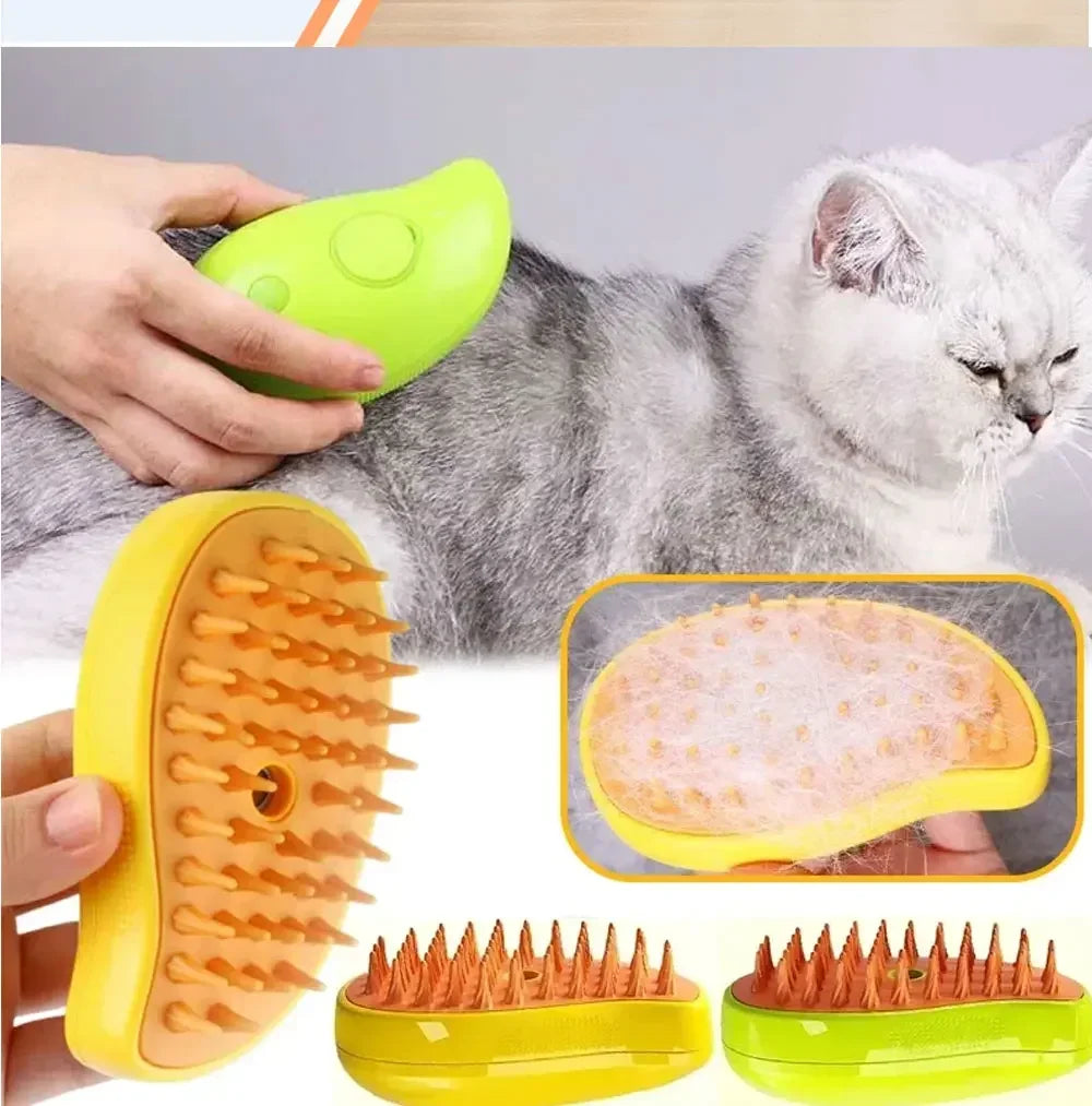 A person grooms a gray cat with the SteamSoft Gentle Cat Brush by KittyNook Cat Co., reducing shedding with yellow bristles.