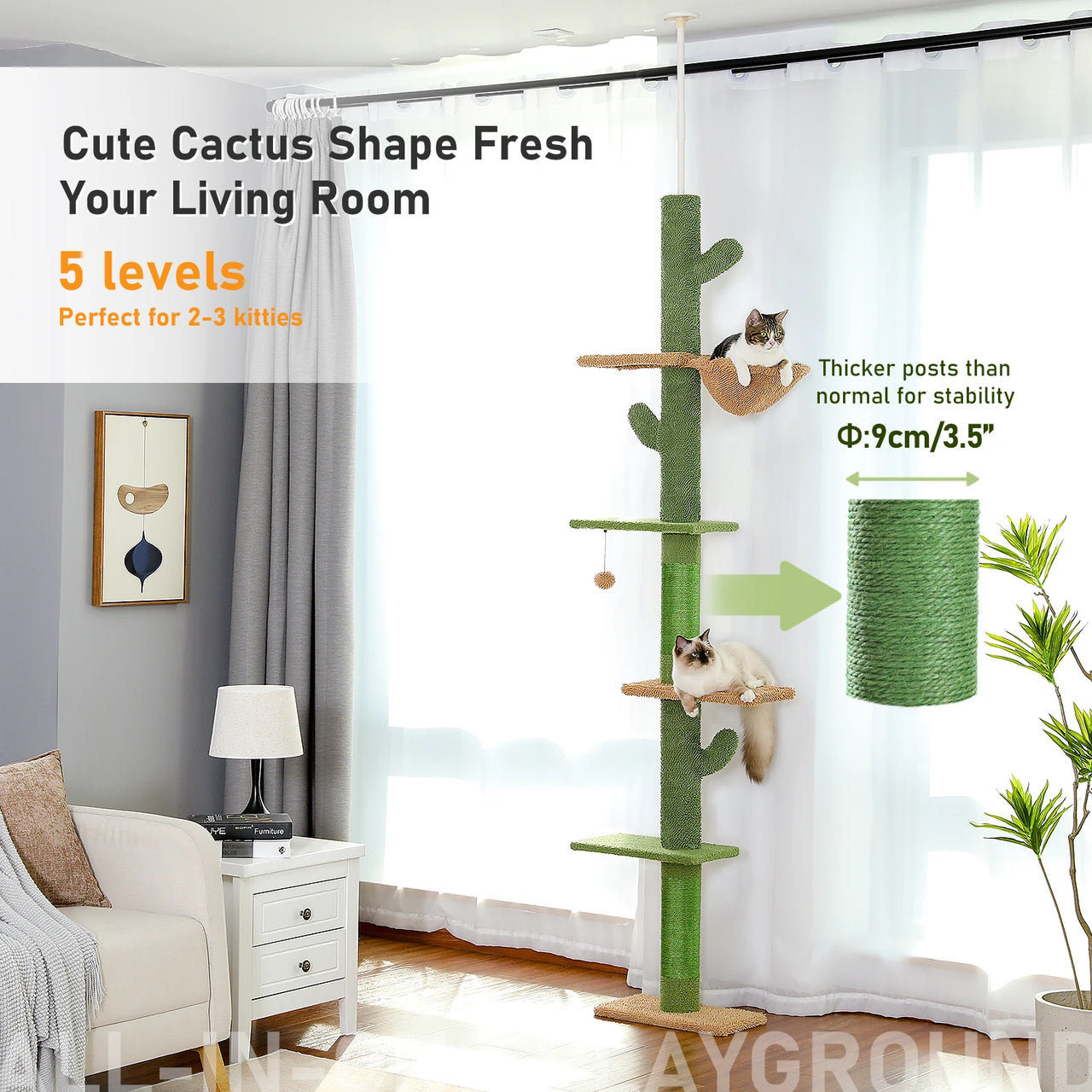 Two cats play on the KittyNook Cat Co. Stylish Cat Climbing Tower, a tall green cactus-shaped tree with 5 levels.