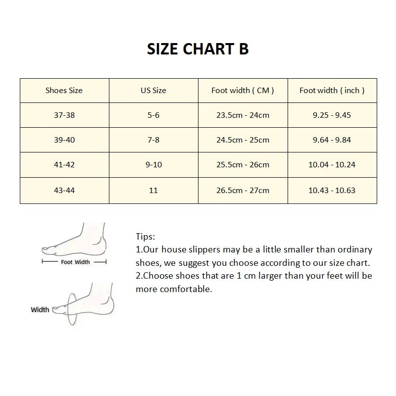 KittyNook Cat Co. CozyPaws Slippers: Size chart B with EU/US sizes, foot width, and measuring diagram included.