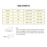 Thumbnail for KittyNook Cat Co. CozyPaws Slippers: Size chart B with EU/US sizes, foot width, and measuring diagram included.