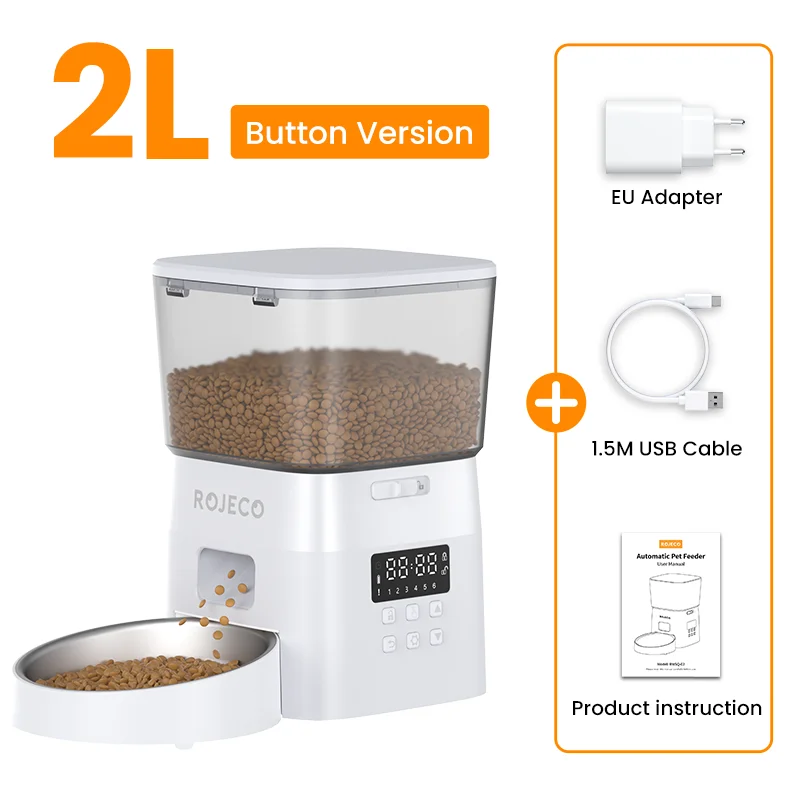 KittyNook ROJECO Smart Pet Food Dispenser: adjustable portions, kibble bowl, EU adapter & USB cable included.