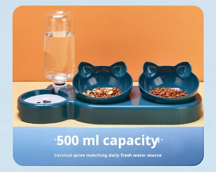 KittyNook Cat Co. Cute 3 In 1 Cats Bowls: two cat bowls & water feeder on a blue tray.