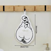 Thumbnail for A KittyNook Cat Co. Cartoon Cat Hanging Hand Towel shaped like a cat with a striped tail, hanging from a wooden wall hook.