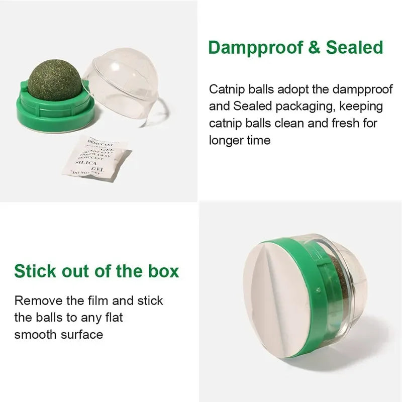 KittyNook Cat Co. Stick-On Natural Catnip Ball for Cats in green holder with lid, moisture pack, hairball & adhesive benefits.