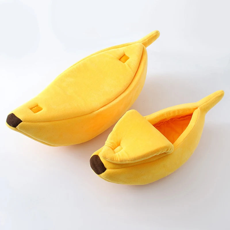 KittyNook Cat Co. Cute Funny Banana Shape Cat Beds, open and closed, offer orthopedic support on white.