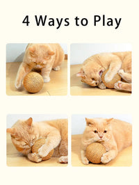 Thumbnail for Four photos of an orange cat playing with the KittyNook Cat Co. Premium Sisal Kitten Scratching Ball on a wooden floor.