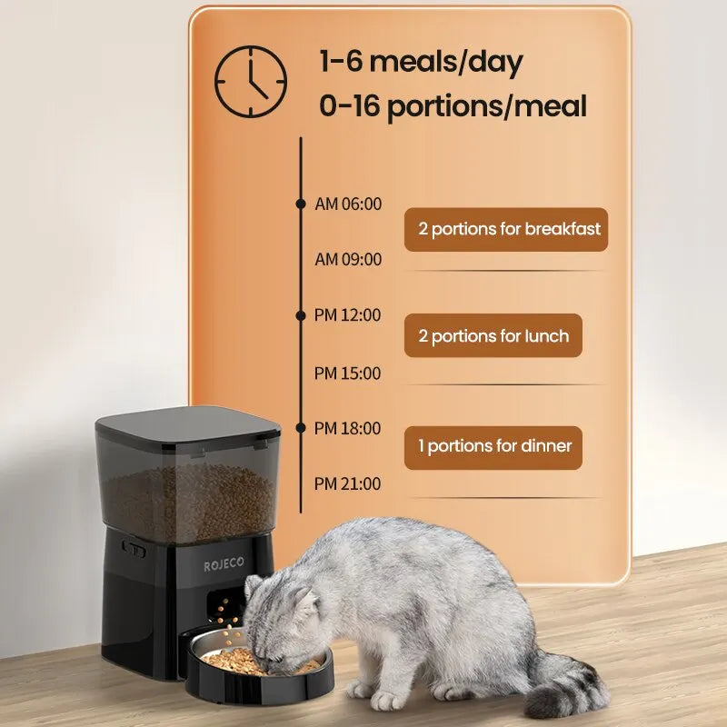 A gray cat eats from a bowl near the KittyNook ROJECO Smart Pet Food Dispenser with portion and schedule controls.