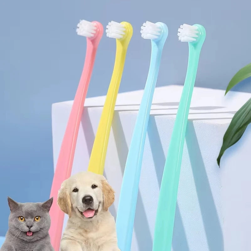 KittyNook Cat Co. Kitty Clean Micro Head Dental Brushes stand upright with a cat and dog in front on a blue background.