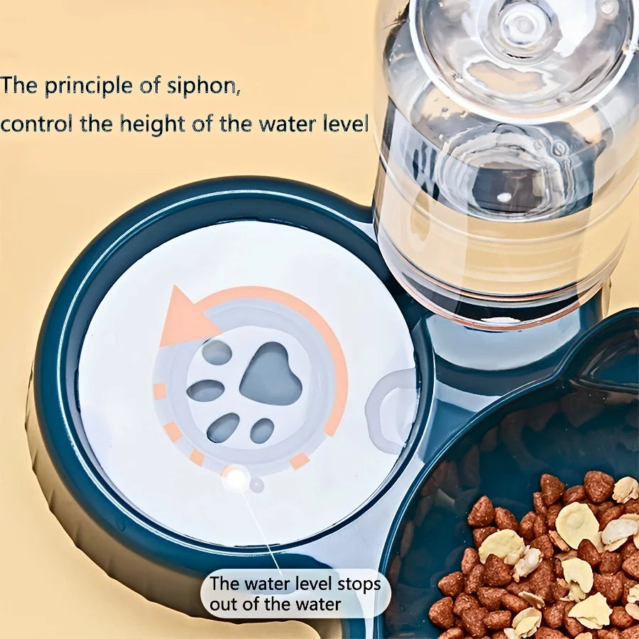 KittyNook Cat Co. Cute 3 In 1 Cats Bowls With Water Feeder combines water, food bowls & water bottle with siphon design.