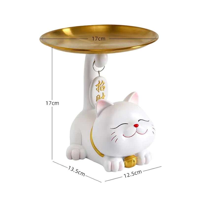 Chic Cat Metal Key Tray by KittyNook Cat Co.—a white ceramic cat holds a gold tray for keys or entryway organization.