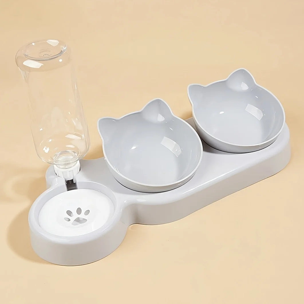 KittyNook Cat Co. Cute 3 In 1 Cats Bowls with two cat dishes, paw print tray, and an automatic water feeder.