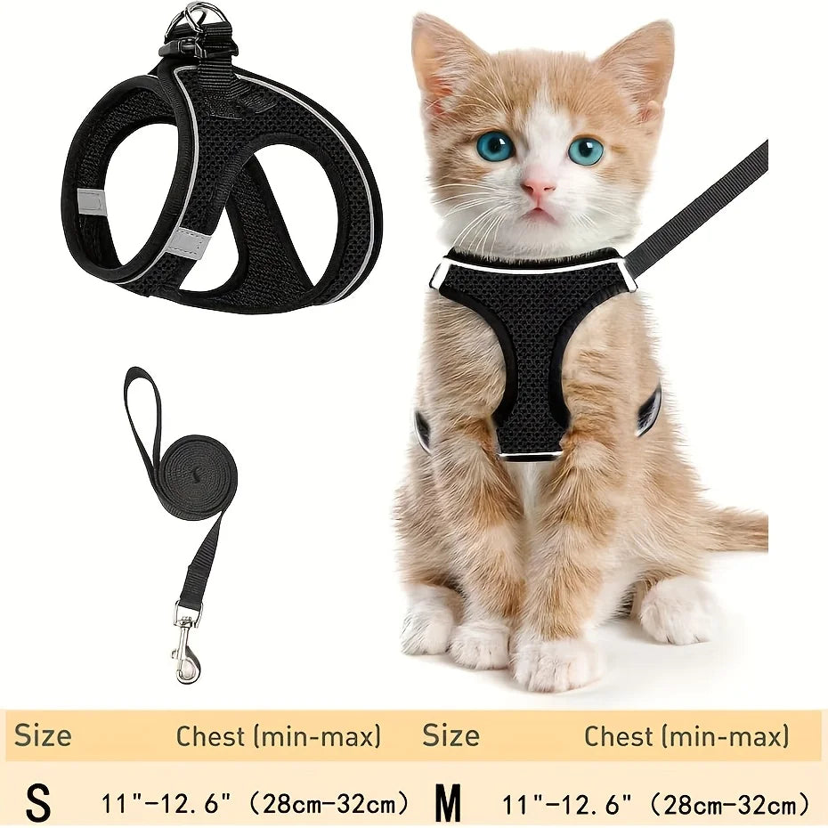 The Ultimate Escape-Proof Harness & Lead Set from KittyNook Cat Co.; S/M size chart below; ensures kitten safety.