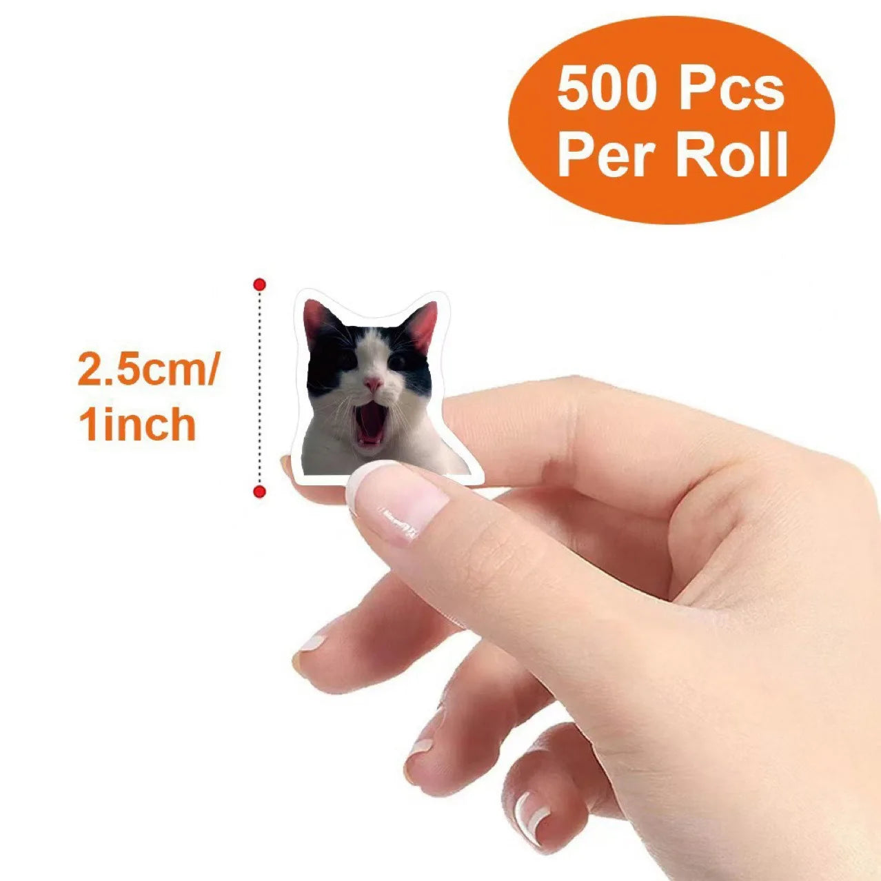 A hand holds a Unique Cute Cat Graffiti Sticker (2.5cm) by KittyNook Cat Co.; 500 waterproof vinyl stickers per roll.