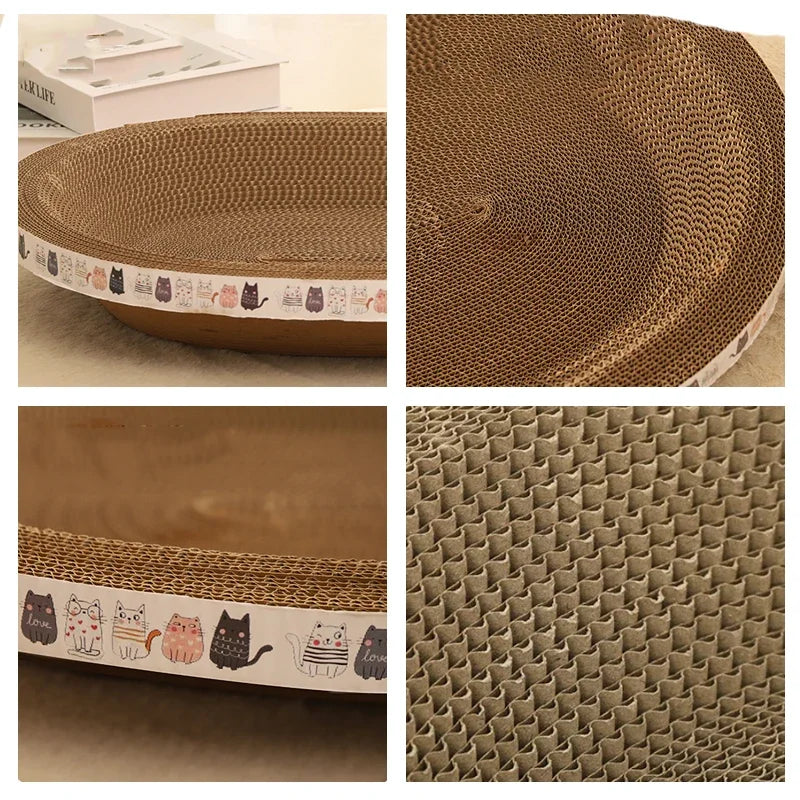 KittyNook Cat Co. Oval Corrugated Cat Scratching Board shown close-up and wide, acts as a furniture protector.